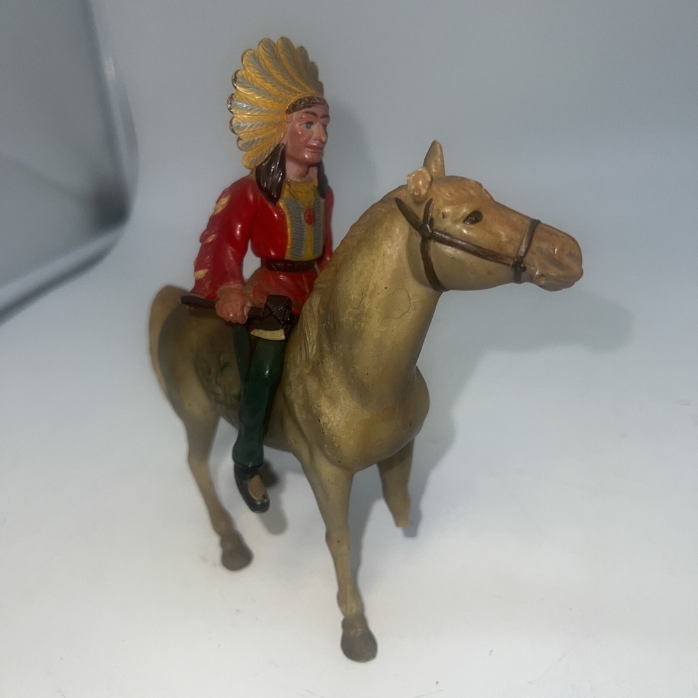 Vintage Hard Plastic Indian On Horse Toy Hong Kong Native American Head Dress